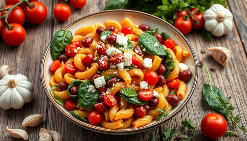 Mediterranean vegetarian pasta dish with borlotti beans and spinach Mediterranean vegetarian pasta dish with borlotti beans and spinach